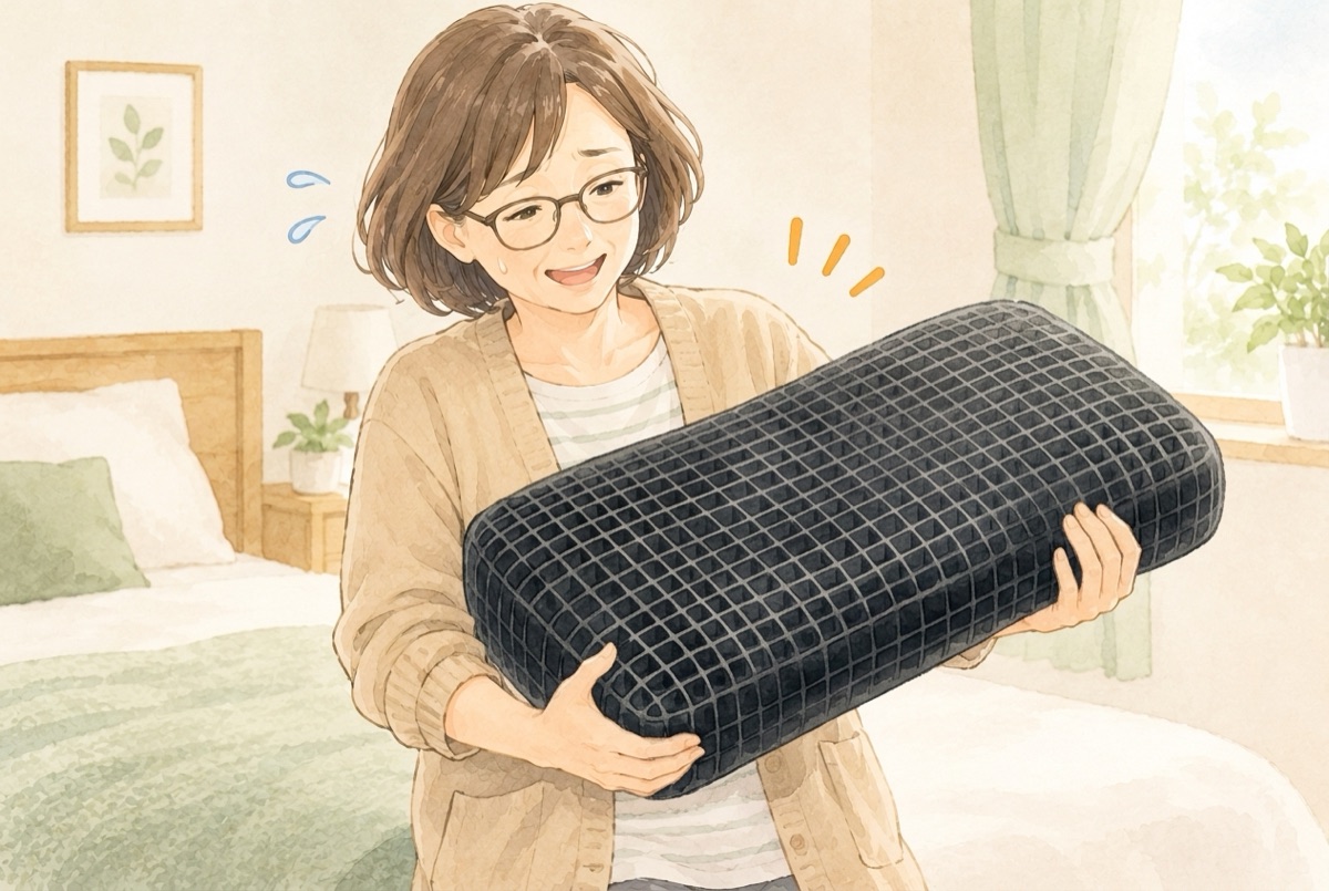 重い黒い枕を両手で抱える50代女性のイメージイラスト
